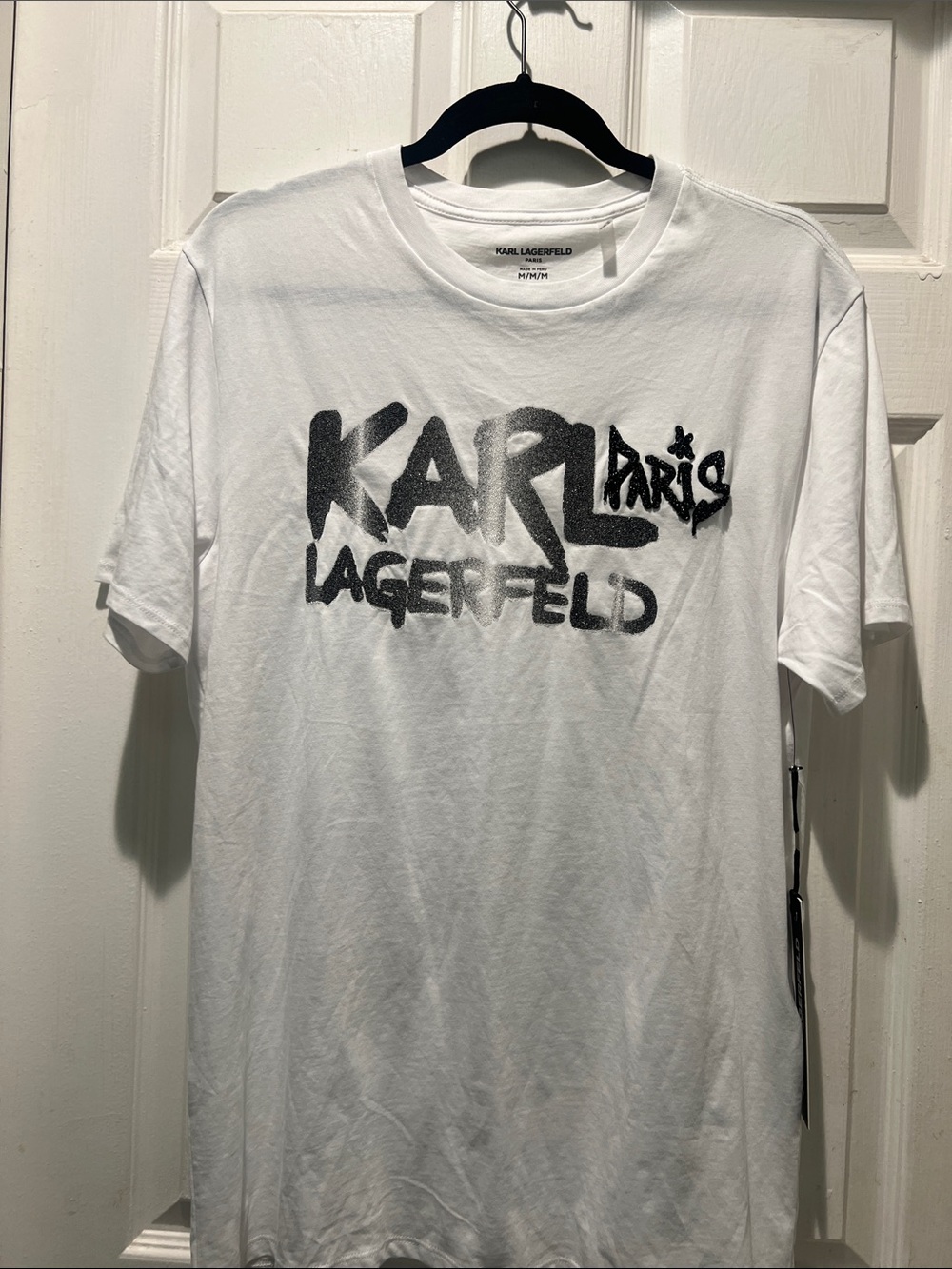 Karl Lagerfeld White Tee with Bold Black Graffiti Logo Unisex, NWT